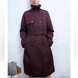 Zara Burgundy Trench Coat with Belt, Water Repellent Trench Coat Size XS